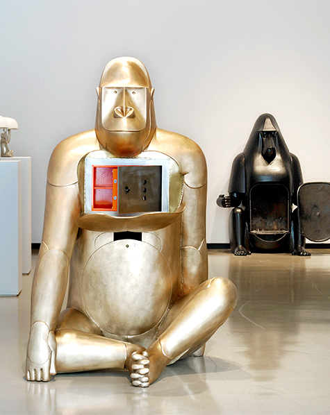 Only Francois-Xavier could imagine a bronze gorilla as a safe, and his baboon cousin as a cast-iron fireplace, both part of an edition of eight at Paul Kasmin.