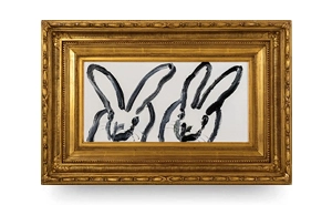 Hunt Slonem Double Bunny painting in vintage gold frame Double Bunny oil painting by Hunt Slonem