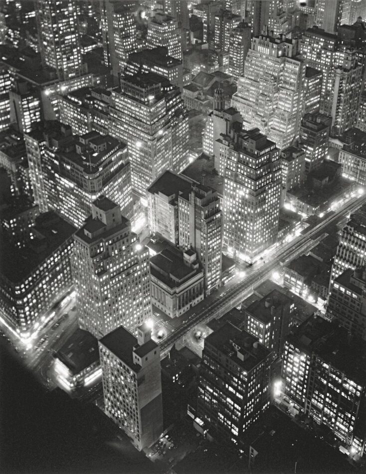 Aerial view of New York by Night, by Berenice Abbott