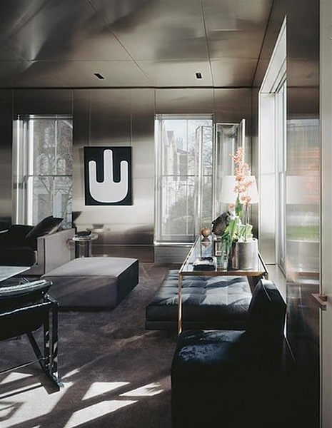 Fashion Designer Homes Interiors Of Yves Saint Laurent Valentino Tom Ford S Steel Walled London Residence Creates A Strong Masculine Background For Hard Edge Paintings Milo Baughman Table And Plush Velvet Seatings