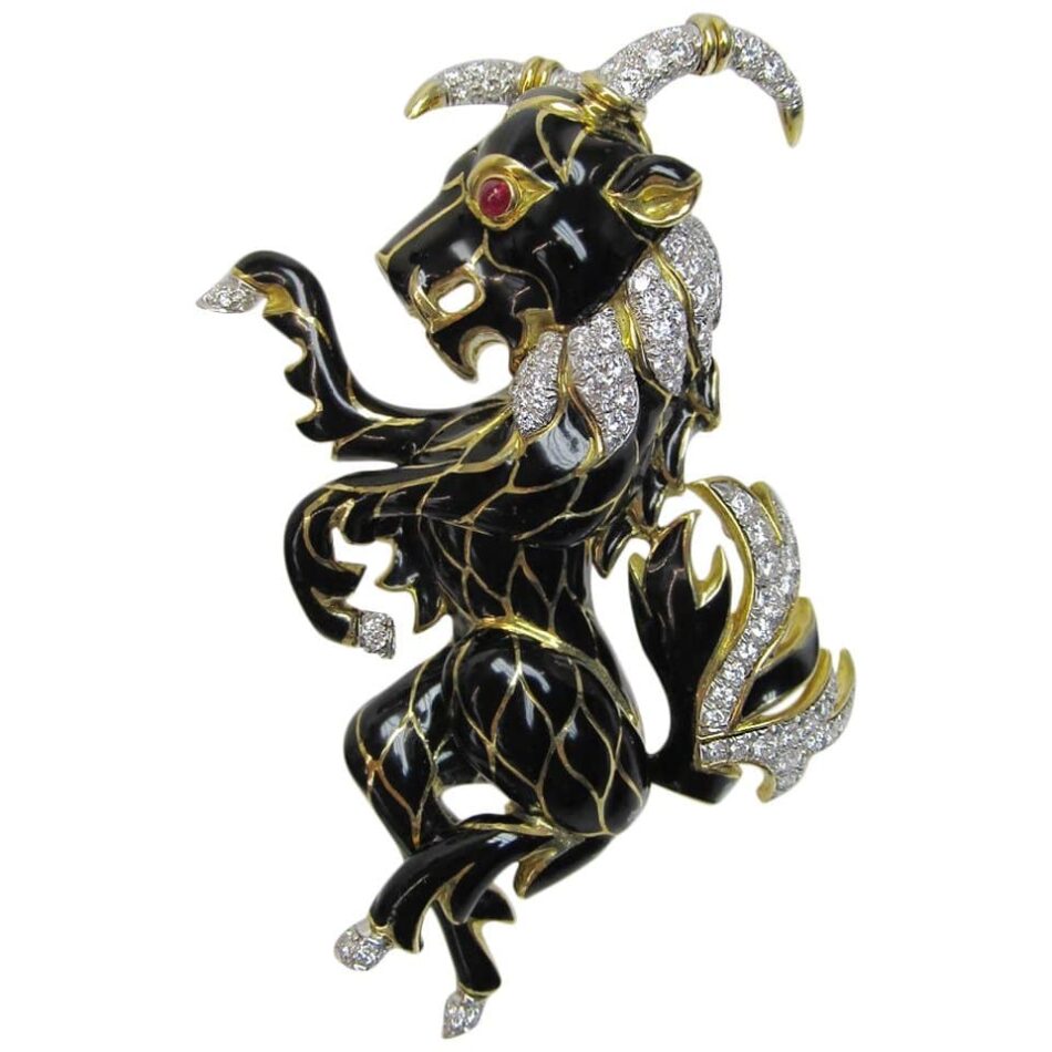 David Webb enamel ruby diamond brooch