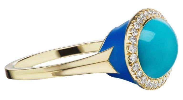Bague Charlotte Allison, or jaune 14 carats, émail bleu, cabochon turquoise et diamants