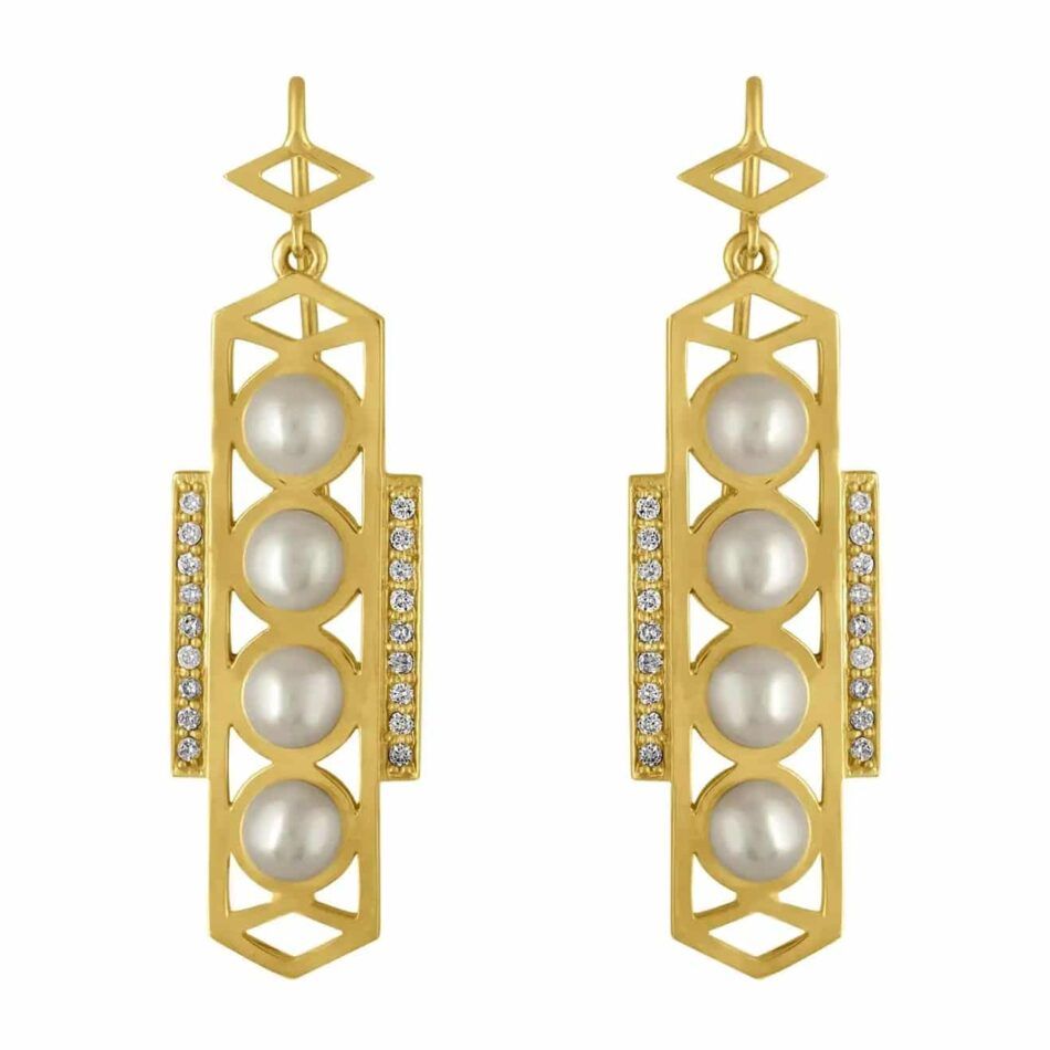 Amy Glaswand, geometrische Ohrringe, 18 kt Gold, Diamanten und Perlen, 2016