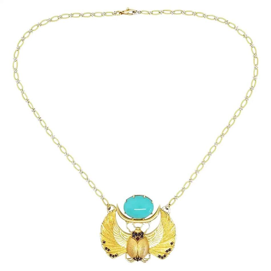 Castor Jewelry, Halsketten-Set mit Skarabäus aus 18 kt Gelbgold mit einem Türkis aus der Sleeping Beauty-Mine, 2016
