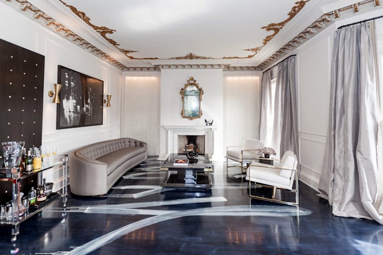 Catherine-Kwong-SF-Showcase-2013-1970s-euro-glam-living-room-round-sofa-black-white-photography-brass-Lucite-barcart