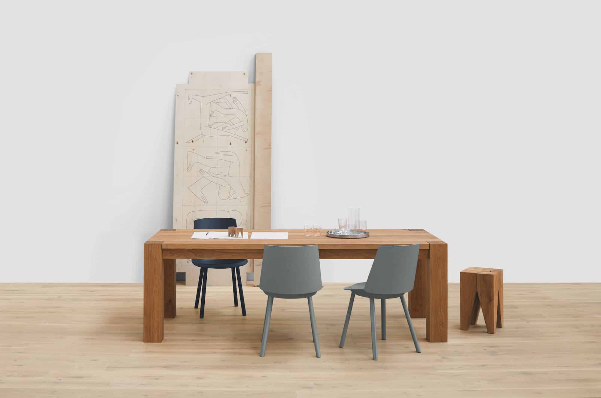 Stefan Diez's Houdini side chair, 2009, surround Philipp Mainzer's Bigfoot table, 1994.