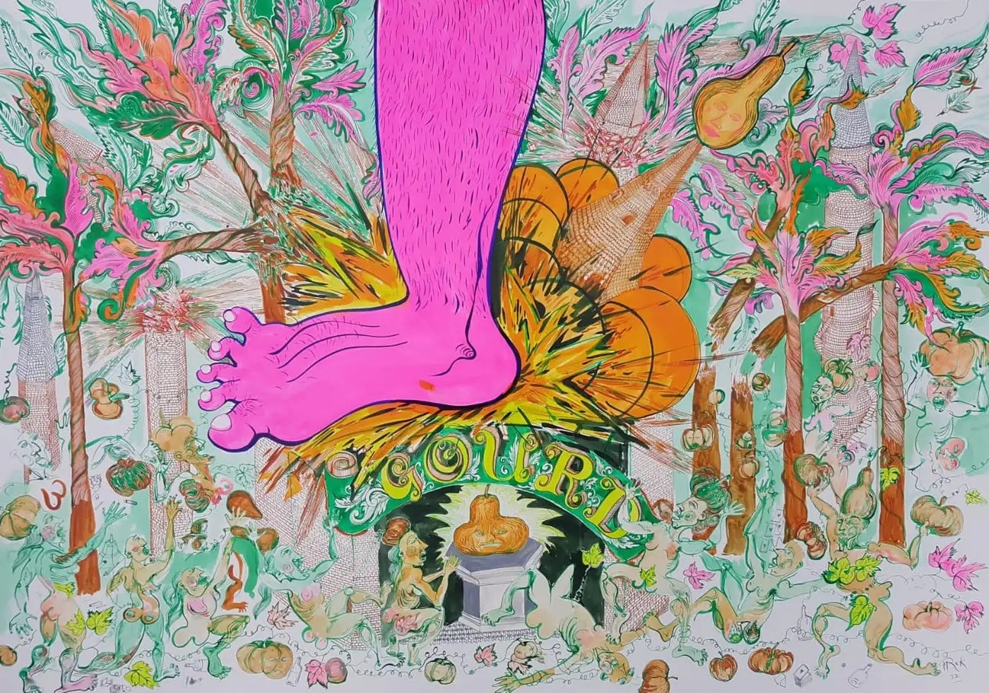 In This Surreal Painting, the Pink Foot of Patriarchy Squashes a Pumpkin Worshipped by Women