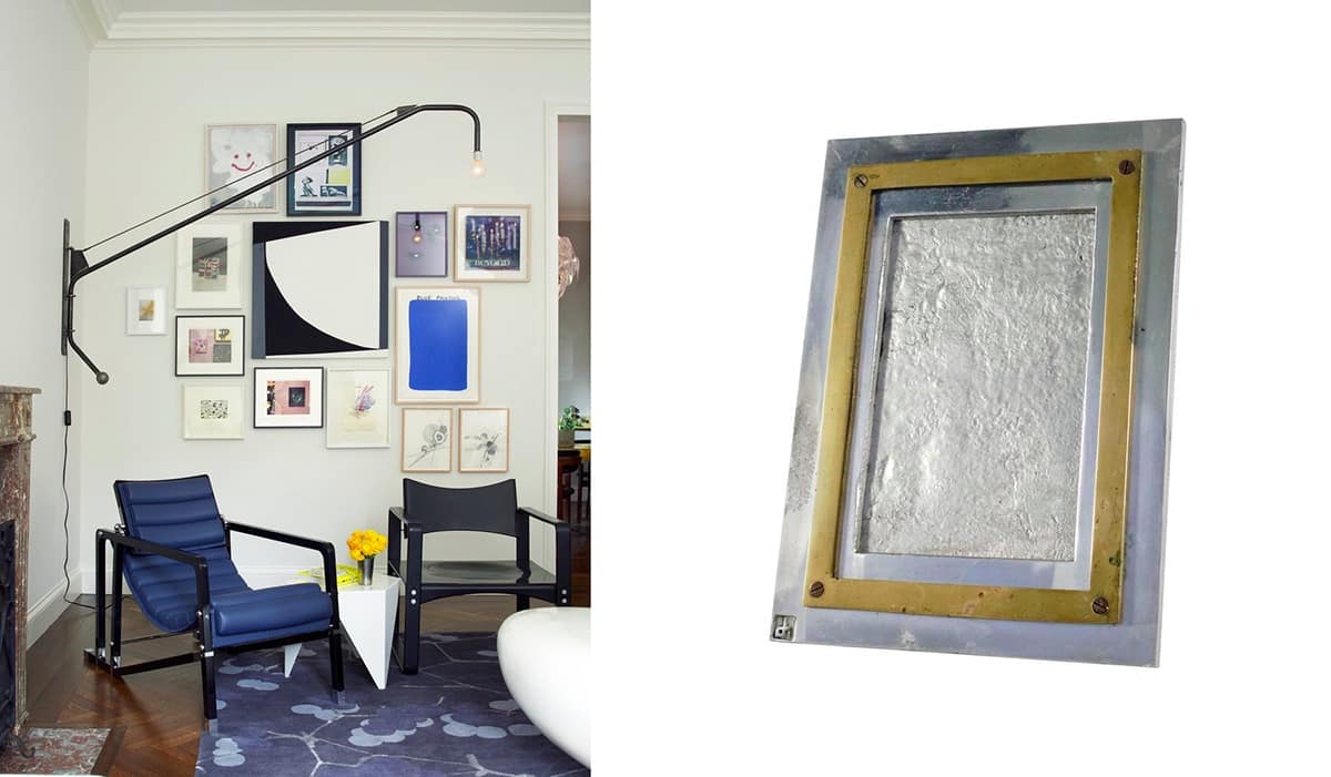 Left: An eclectic gallery wall personalizes this New York living room by Fawn Galli. Photo by Costas Picadas. Right: David Marshall photo frame in bras and metal, 1970s