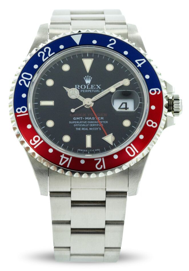 Montre GMT-Master « Chuck Yeager » de Rolex avec lunette « Pepsi » rouge et bleue datant de 1997
