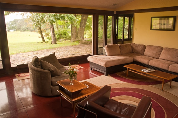 An interior of a Wright-designed Usonian home in Polymath Park. Image via Pittsburgh Magazine.