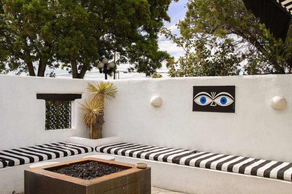 Blue Eyes environmental panel in El Rey Court's bar patio.