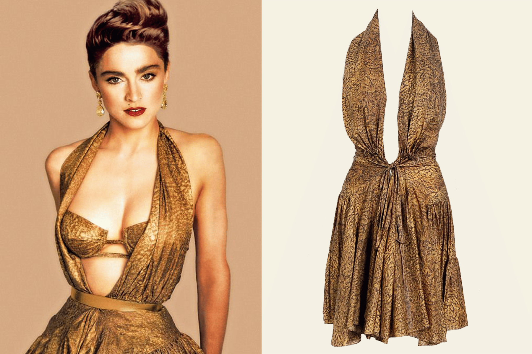 Vintage 1987 Azzedine Alaia Documented Golden Print Silk Backless Halter  Dress For Sale at 1stDibs