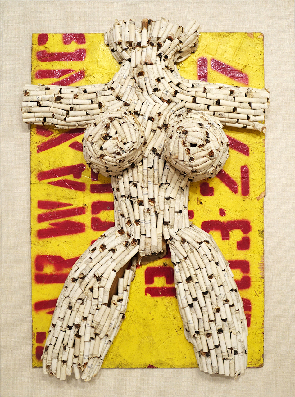A founder of the Fluxus art movement, Al Hansen crafted his Untitled (Street Butt Venus), 1985, from the discarded ends of used cigarettes.