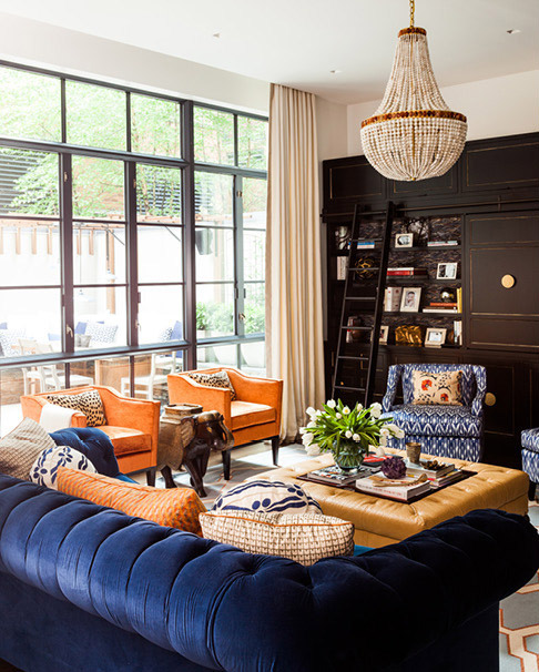 “My client loves blue and orange, and I wanted to find a way to indulge this without letting the large space feel like it was overwhelmed with color,” the interior designer says of a bright yet elegant home she designed in New York’s Tribeca in 2013.