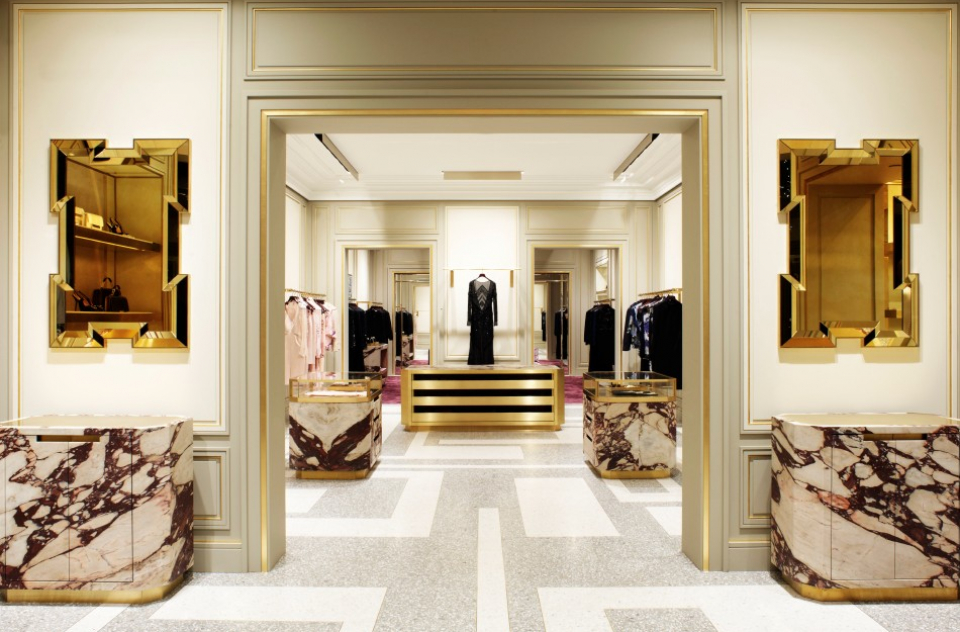 Gray And White Terrazzo Veneziano Floors Purple Veined Breccia Dei Medici Marble Display Cabinets Brass Gold Mirrors Conspire To Create An Gray And White Terrazzo Veneziano Floors Purple Veined Breccia Dei Medici Marble Display Cabinets Brass Gold Mirrors Conspire To Create An