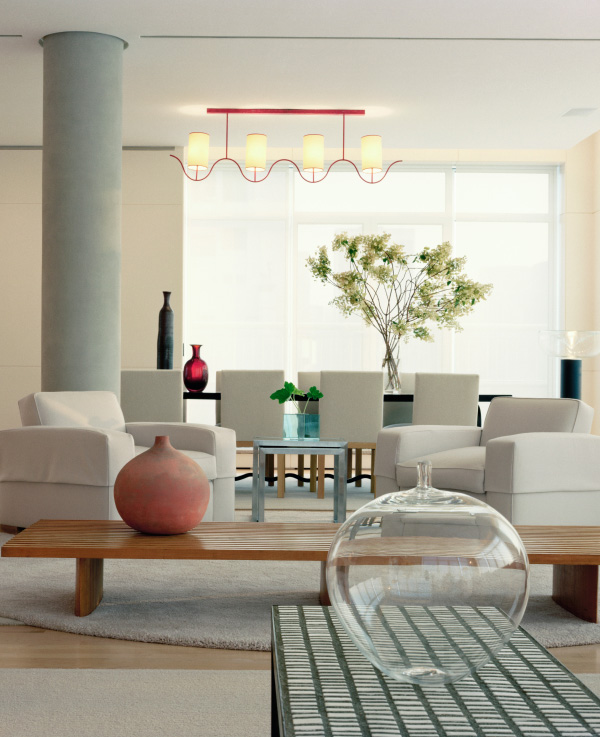 In a Fifth Avenue penthouse, a glass “apple” by Ingeborg Lundin counterbalances a terracotta sphere by Jacques and Dani Ruelland, which sits atop a Tokyo bench by Charlotte Perriand. Photo by Michael Moran/Architectural Digest © Conde Nast Publications
