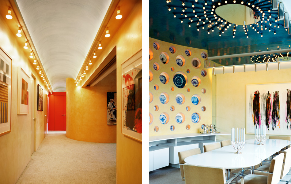 Left: Rudolph obliterated all vestiges of the original pre-war layout. Here a formerly dark, narrow hallway opens up, on right, to a playroom carved out of a series of small maid’s bedrooms. Right: The curved wall of the dining room sports lighted niches that displayed the family’s collection of Delft pottery.