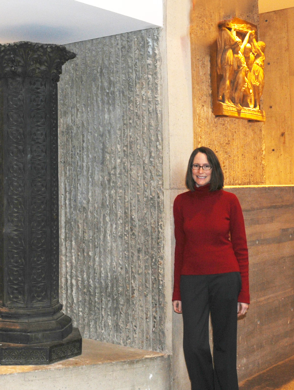 The author, a senior editor at the Yale Alumni Magazine, poses inside Rudolph’s Art & Architecture building. Photo by Marilyn Roos