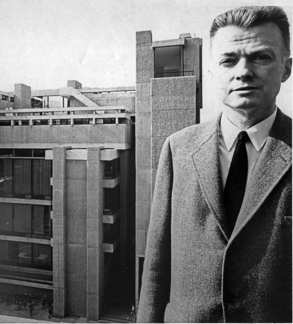 The architect, then the chair of Yale’s School of Architecture, posed across from his A&A building, which made the cover of every major design magazine when it was completed in 1963. Photo courtesy of Yale University