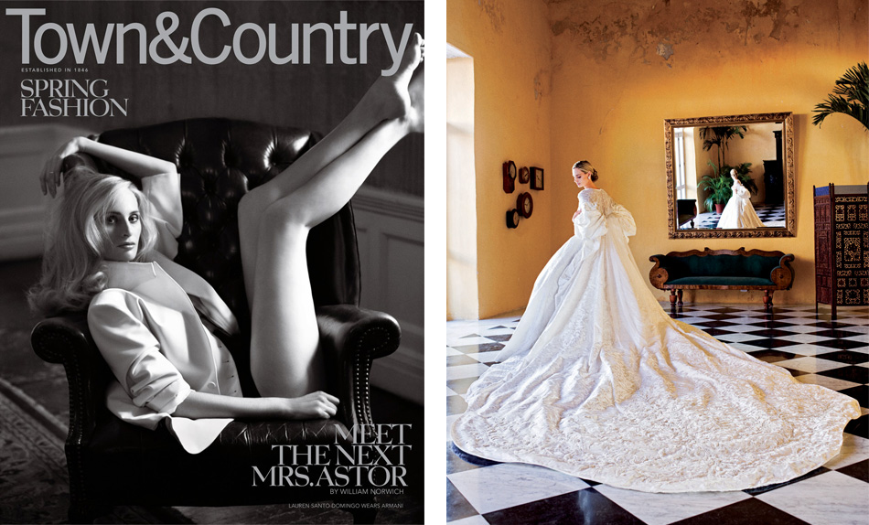 Left: Santo Domingo as cover girl for the March 2011 issue of Town & Country. Right: Santo Domingo in her wedding dress and coat, designed by Olivier Theyskens for Nina Ricci, at Casa Conde de Pestaqua in Cartagena. Photo by by Arthur Elgort, The World of Vogue: People, Parties, Places