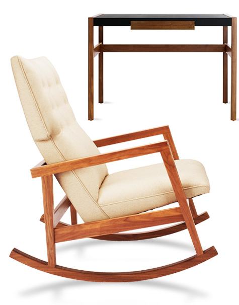 Risom has continued to design well into his 90s; his most recent creations, both done exclusively for Design Within Reach, include a modernized rocking chair (2009) and a small desk, which came out last month. Of the desk he told DWR: "It's a handsome piece of decoration at which you sit, at which you study, at which you read books...if people do that any more." Photos courtesy of Design Within Reach
