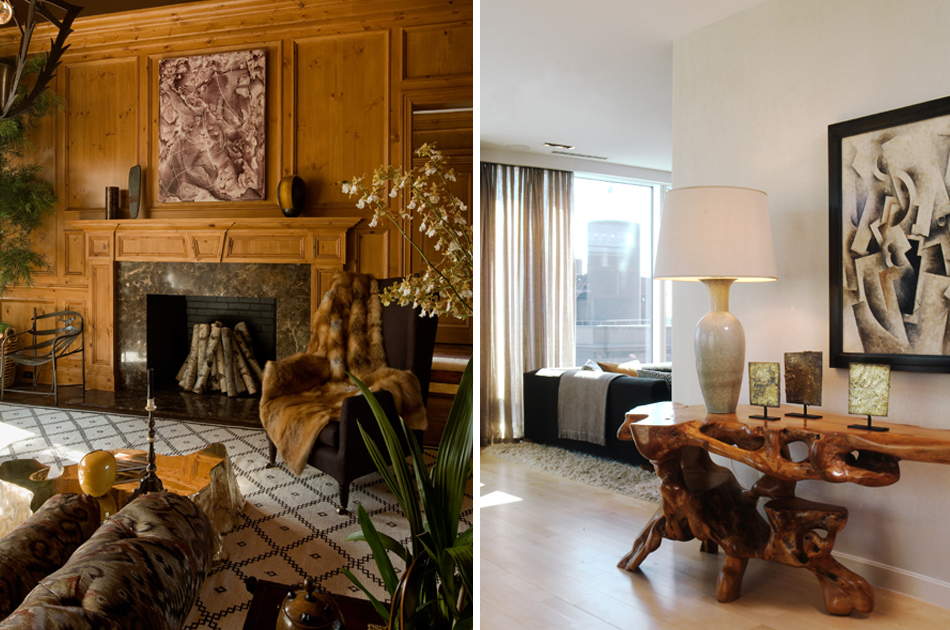 Left: The designer’s head-turning room at 2009’s Hampton Designer Showhouse juxtaposed traditional wood paneling and a marble fireplace surround with such contemporary pieces as a Hervé van der Straeten chandelier from Maison Gerard. Photo by Nick Johnson Right: In a private residence, an organic root console table holds an urn-like lamp by Gunar Nylund for Rorstrand (from 1stdibs dealer Hostler Burrows); an untitled painting by Robert Marc hangs above. Photo by John Hall