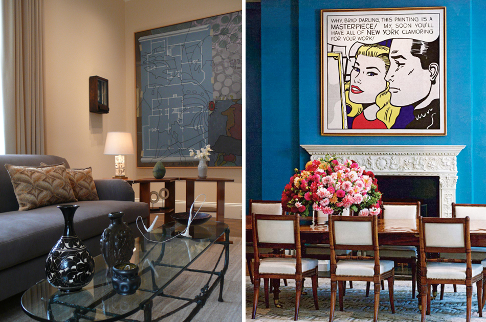 Left:In a McGinnis interior, art and design sometimes combine in a single piece, as they do here, in a bronze coffee table by Diego Giacometti. Photo by Roe Ethridge Right: A private New York residence pairs one of McGinnis’s signature blue hues with Roy Lichtenstein’s Masterpiece, 1962, and an antique English dining table and chairs. Photo by Roe Ethridge