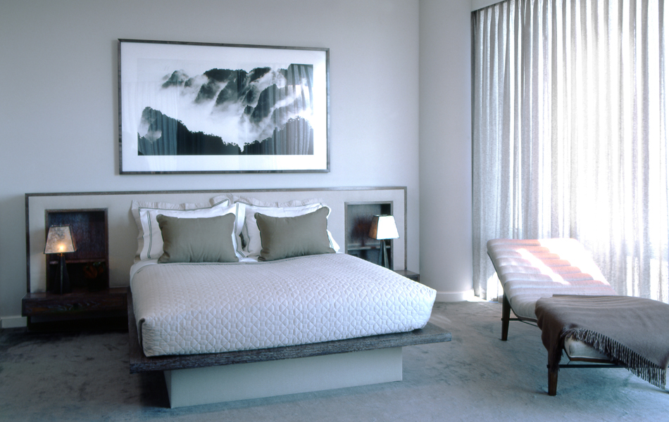 McGinnis-designed pieces in this bedroom include the upholstered, cerused-oak platform bed and the bronze-and-mica bedside lamp; Wang Wusheng’s, Mt Huanshan (26) Many peaked mountains admist floating clouds, taken at Lion Peak in 1979. Photo by John Hall