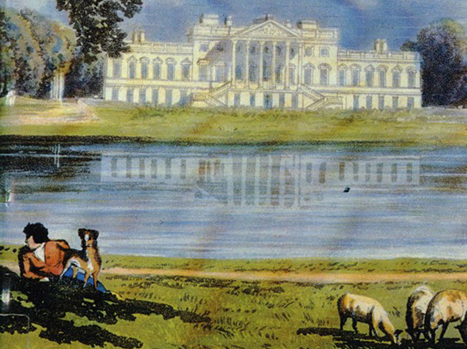 Carlton Hobbs believes that the chimneypieces were created for Wanstead House, shown here in a detail of an aquatint published in 1815. An anonymous 18th-century writer described Wanstead "as one of the noblest houses, not only in England, but in Europe."