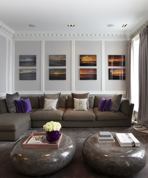 The couple’s living room features a silk carpet, bespoke sofa and scagliola plaster coffee tables.
