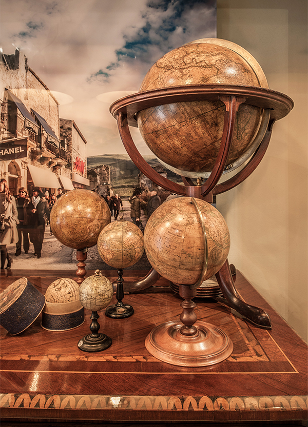 Whether miniature or massive, antique globes from the 18th and 19th centuries have become a particular focus of the gallery.