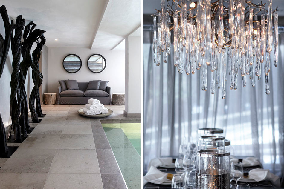 Left: One of Barratt-Campbell’s first commissions was a ski chalet in Verbier, Switzerland, for Richard Branson, whose pool area she outfitted with twisted wood sculptures and a bespoke sofa. Right: A bespoke glass-and-silvered-metal chandelier in Verbier mimics the icicles hanging outside.