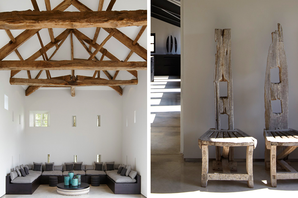 Left: A restrained palette with clean, structured lines further enhances the dramatic beamed architecture at this residence in Harrogate, Yorkshire; the base of the coffee table is made from an old mill stone found in the area. Right: Barratt-Campbell added chairs made of reclaimed driftwood — at once sculptural and earthy — to a residence in Yorkshire.