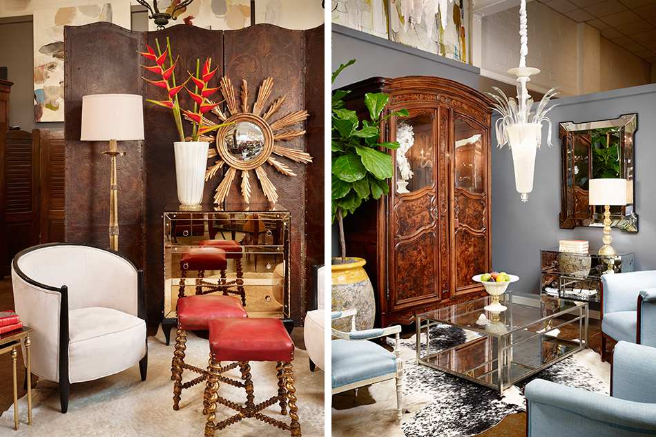 Left: A view of the gallery, including a French second empire embossed and gilded screen; Right: The gallery is located in a former Coca-Cola bottling plant.