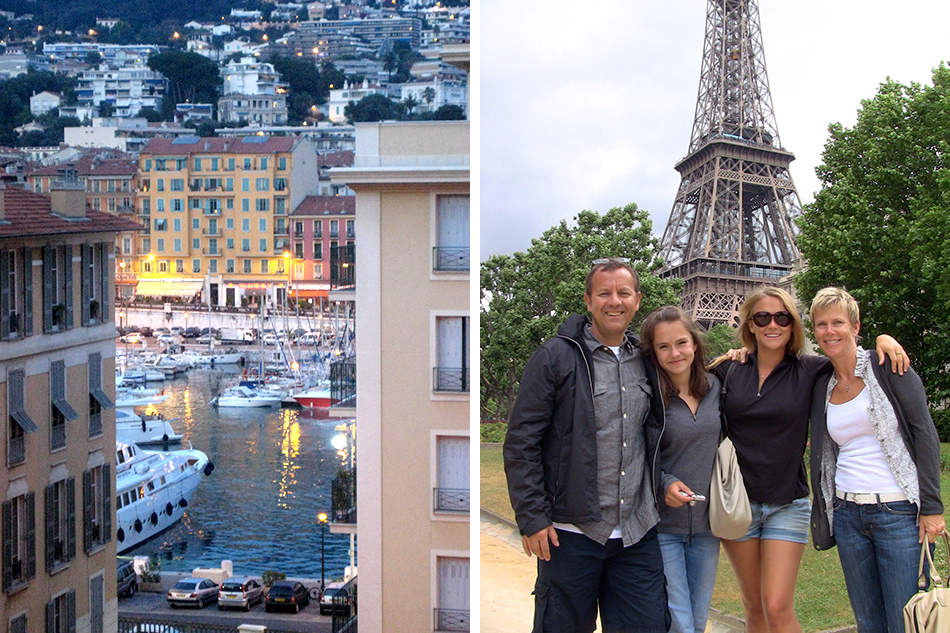 Left: The view of the port of Nice, as seen from the Fray's pied-a-terre; Right: A family vacation