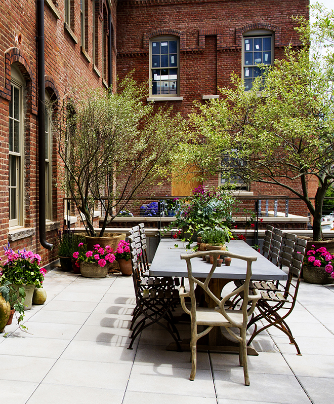 Milly de Cabrol and Ani Antreasyan transformed a terrace into a sweet-smelling escape using a pair of lime trees, a variety of plantings and furniture from Mecox Gardens. Photo by Rikki Snyder
