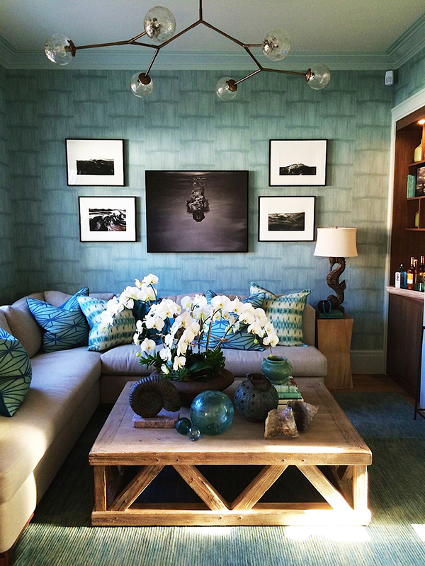 The watery blues of John Bjornen’s media room speak to Sag Harbor’s seaside setting (photo courtesy of Bjornen Design).