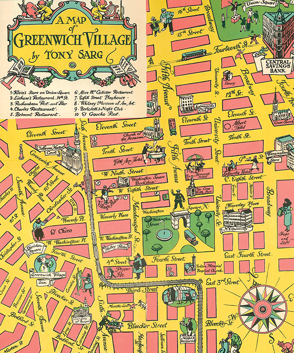 A detail of a 1934 map by the illustrator (and master puppeteer) Tony Sarg shows how the streets of the neighborhood famously fall off the city grid west of Sixth Avenue.
