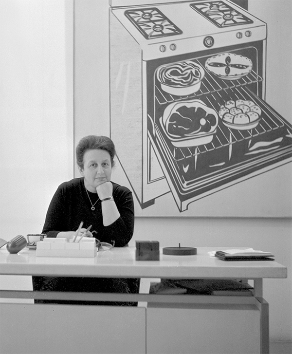 Sonnabend at her desk in her Paris gallery, ca. 1965 (courtesy Sonnabend Gallery, New York). Right: A 1973 silkscreen of the dealer created by Andy Warhol (image © 2013 Andy Warhol Foundation for the Visual Arts / Artists Rights Society (ARS), New York)