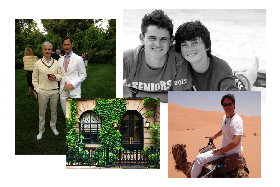 Clockwise from left: Hedges with his partner, Tom Delavan, at the 50th birthday party of Vogue’s Hamish Bowles, held at the home of Anna Wintour; Hedges’ two sons, Evans and Malone; traveling through Tunisiathe leafy exterior of his Greenwich Village town house