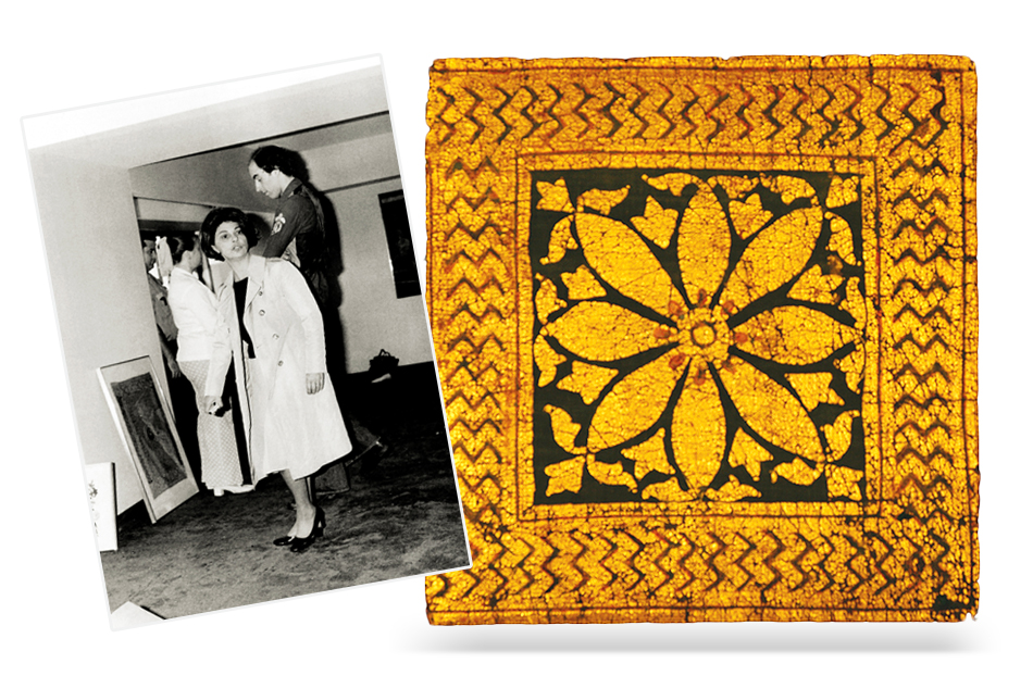 a 18th century gold paint on cotton sutra prayer book cover india inset festa overseeing an installation at the un plaza hotel in the early 1970s