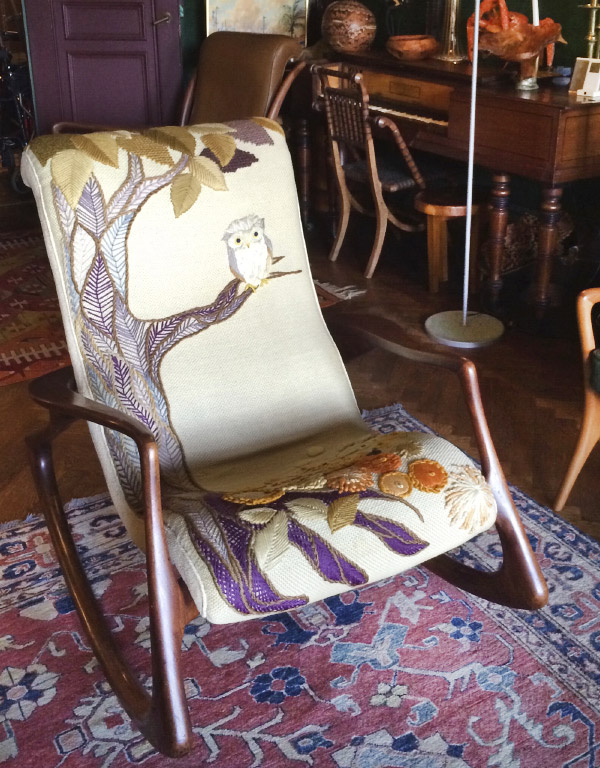 Kagan’s interest in adventurous creative collaborations extended to his choice of wife, a very tall young Englishwoman, named Erica Wilson, who became a celebrated authority on and entrepreneur of needlework. (The Kagan-Wilson collaboration produced three children and this rocking chair and lasted 54 years until Wilson’s death in 2011.)