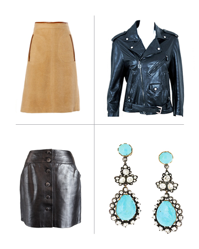 Above: Louis Vuitton leather groom wallet, 21st century, offered by A Second Chance Couture. Opposite, clockwise from top left: Celine wool-and-cashmere skirt, 1960s, offered by Thrifted and Modern; Versace leather motorcycle jacket, 1990s, offered by Timeless Vixon; gold-silver-diamond-and-turquoise Victorian earrings, ca. 1860, offered by Sheila Goldfinger; Chanel leather miniskirt, 21st century, offered by Fashionista