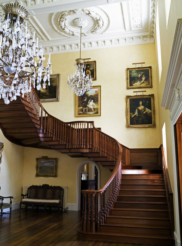 From left: Elaborate plasterwork lends an old-world look to a newly built house in Scotland; the decorator with her horse, Bertie (photo by John Millar)