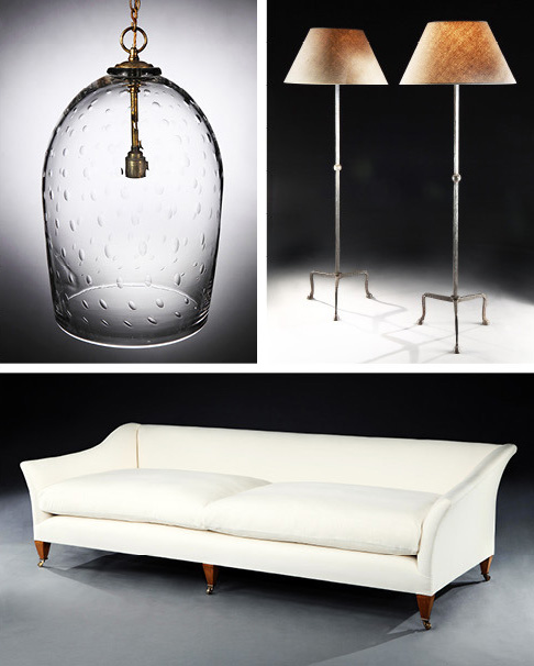 Uniacke’s furniture and lighting designs include, from top left, the Bubble Glass lantern, Hoof lamp and Drawing Room sofa.
