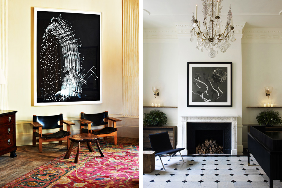 Left: A vignette in the corner of Uniacke’s study shows off a Sigmar Polke painting, Børge Mogensen chairs and an early Mughal carpet. Right: Like the rest of the Jo Malone spaces, the reception room feels entirely residential.