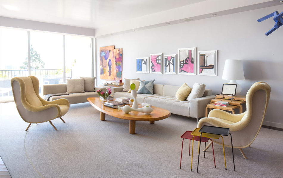 Lavender walls, Carroll Dunham paintings, Marco Zanuso chairs and glass sculptures by Jeff Zimmerman from R & Company add color and character to what Furth calls a “rethinking of the modernist white box epidemic.” Photo by Stephen Busken