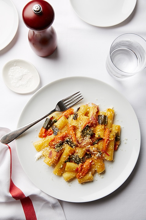 Candele pasta with Carrots, Fresno Chilies, Greek Yogurt and Pancettaz