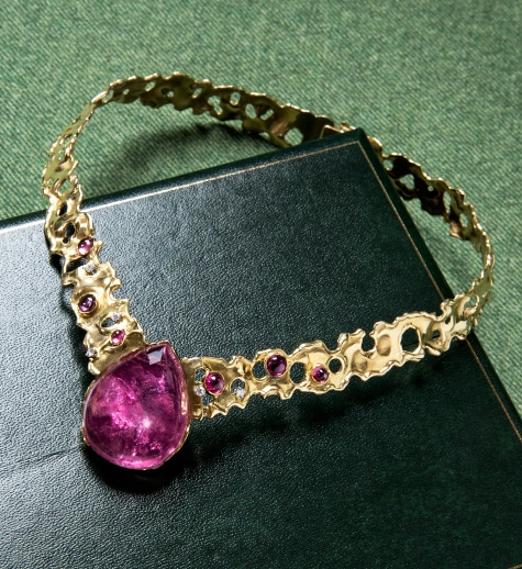 John Donald pear-shaped cabochon pink tourmaline, diamond and 18 karat gold nugget flake necklace with melted piercings