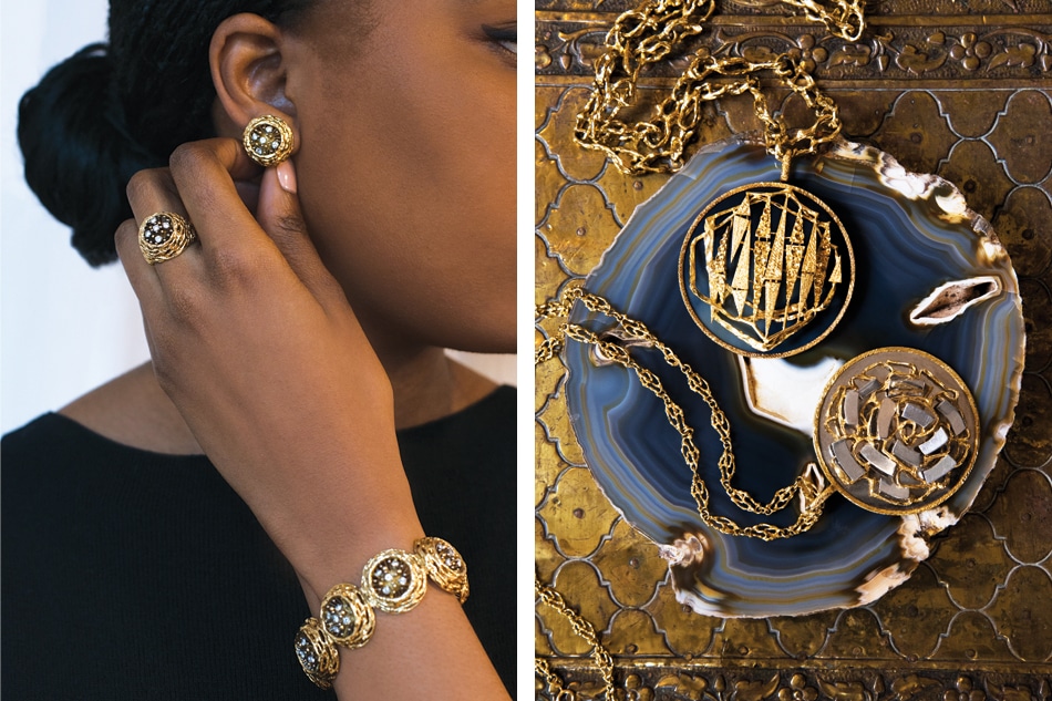8-karat gold bracelet, earring and ring set by David Thomas, modernist Kutchinsky pendants